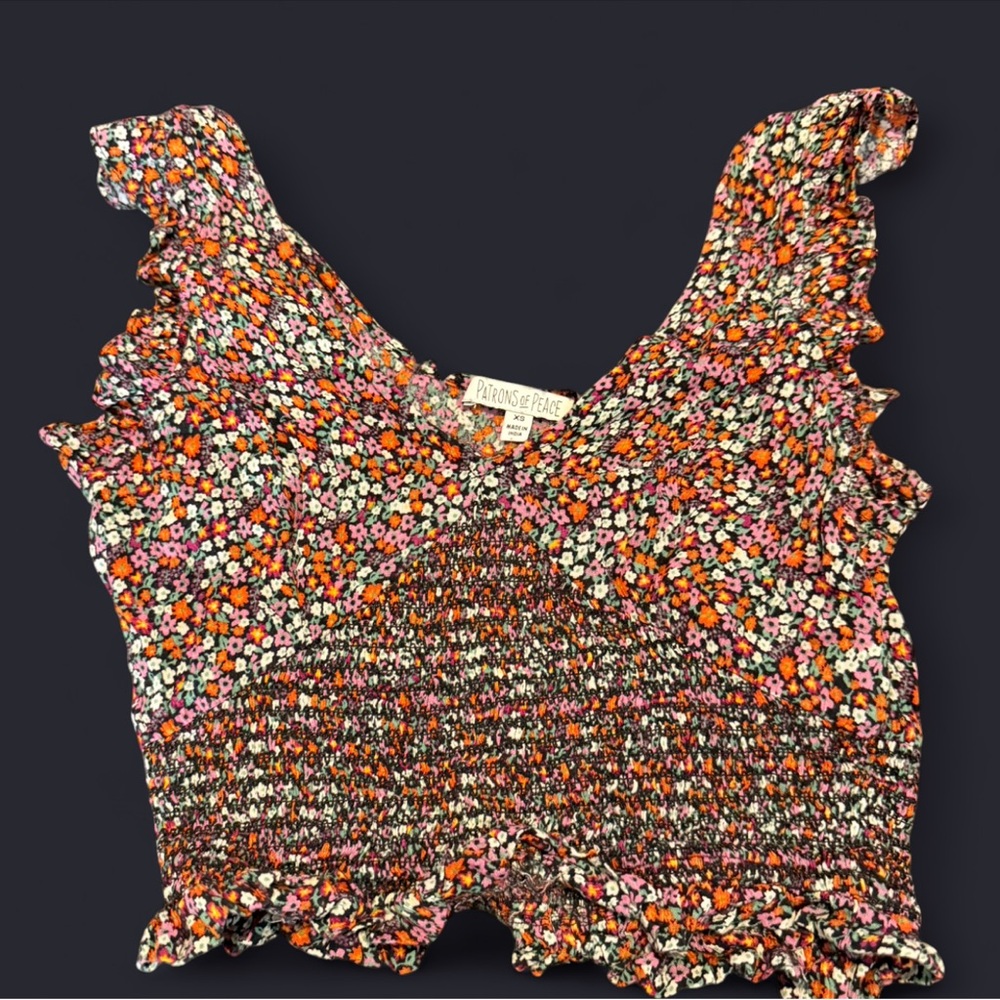 Patrons of Peace Floral Smocked Crop Top in Black, Orange & Pink